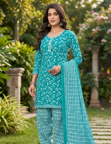 Elegant Teal Floral Printed Kurta Set with Dupatta