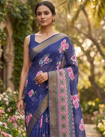 Elegant Navy Blue Floral Digital Printed Saree