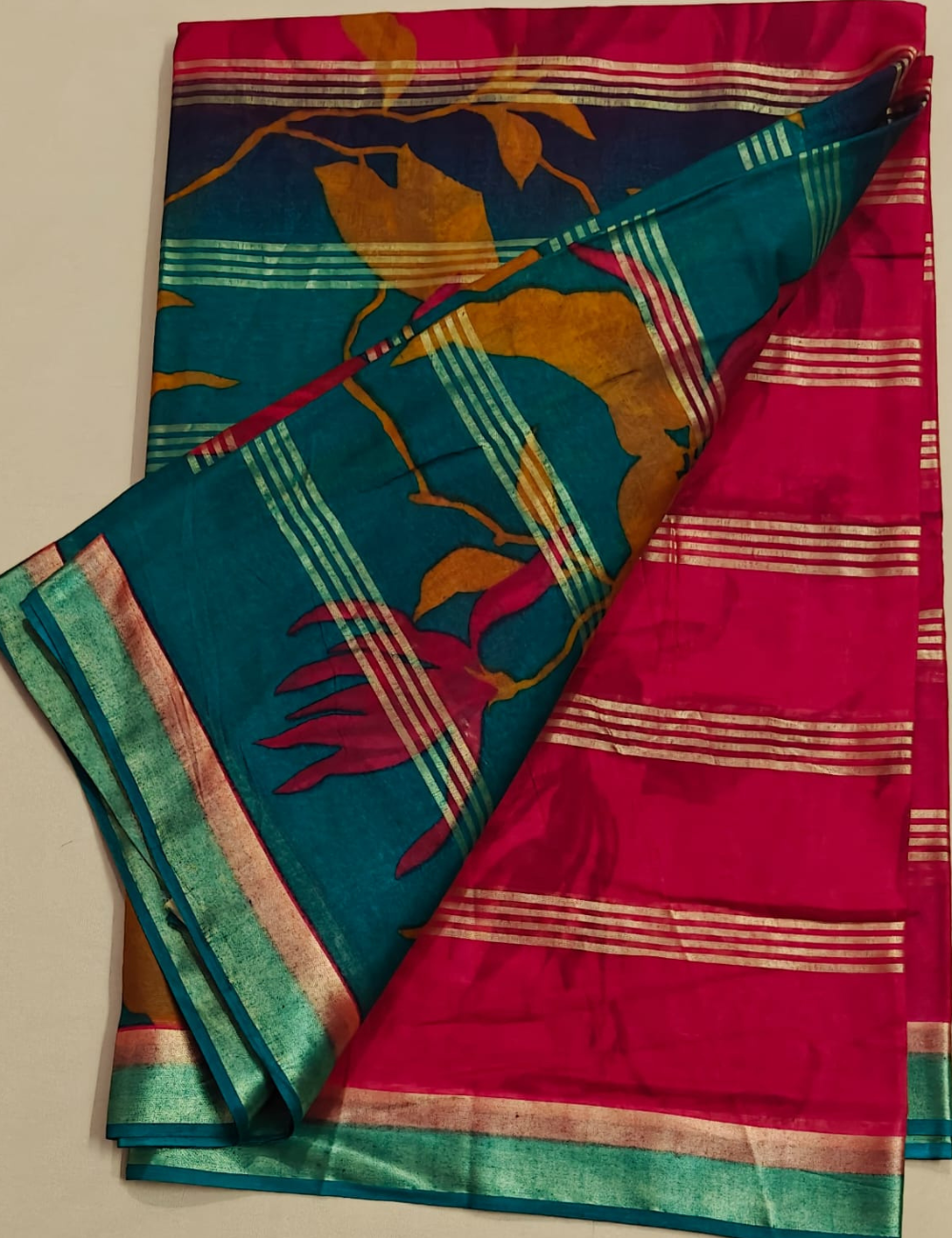 Teal and Pink Cotton Sari with Large Abstract Motifs and Metallic Stripes