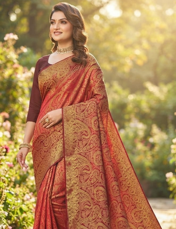 Elegant Crimson and Gold Paisley Brocade Sari