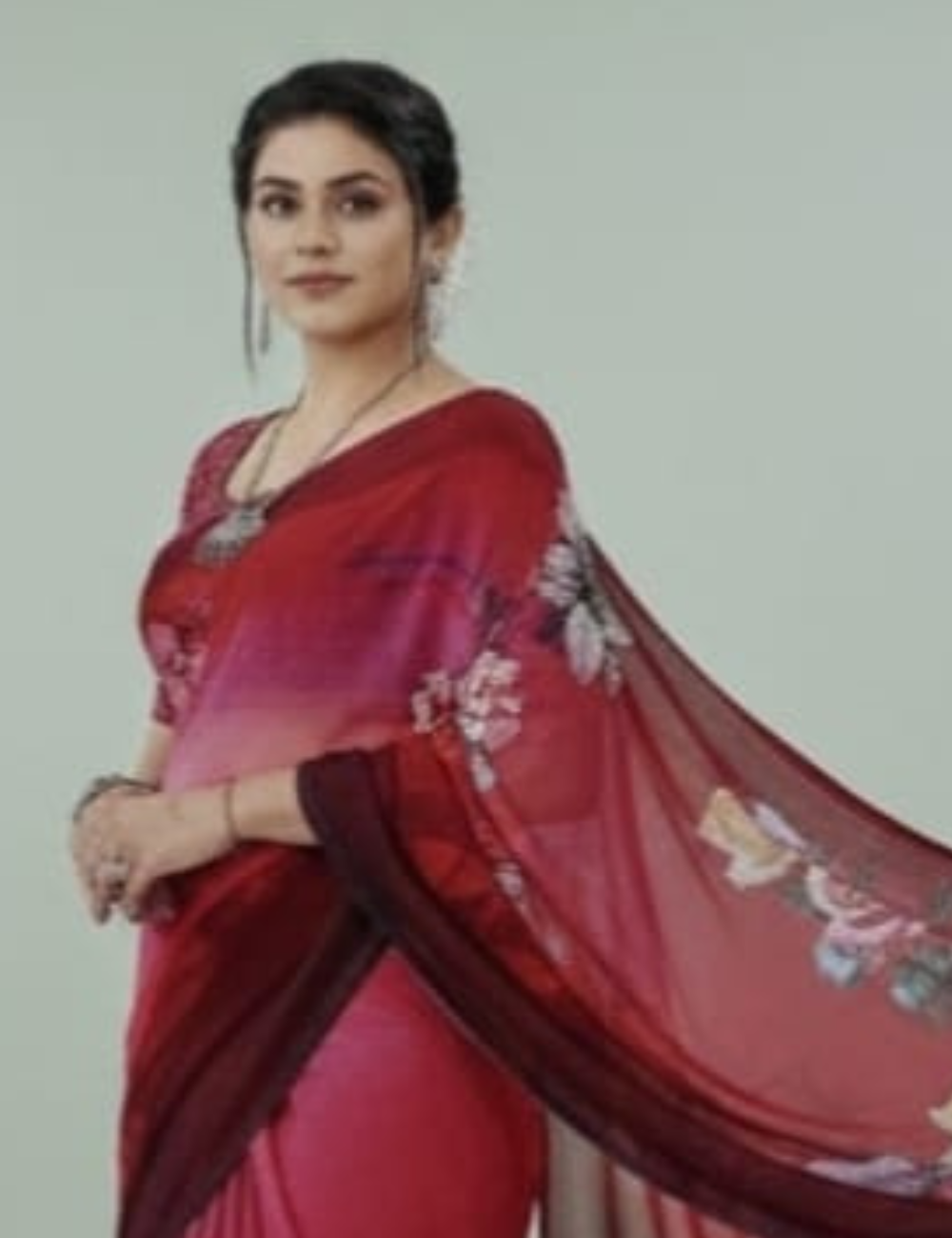 Red and Purple Saree with Large Floral Prints