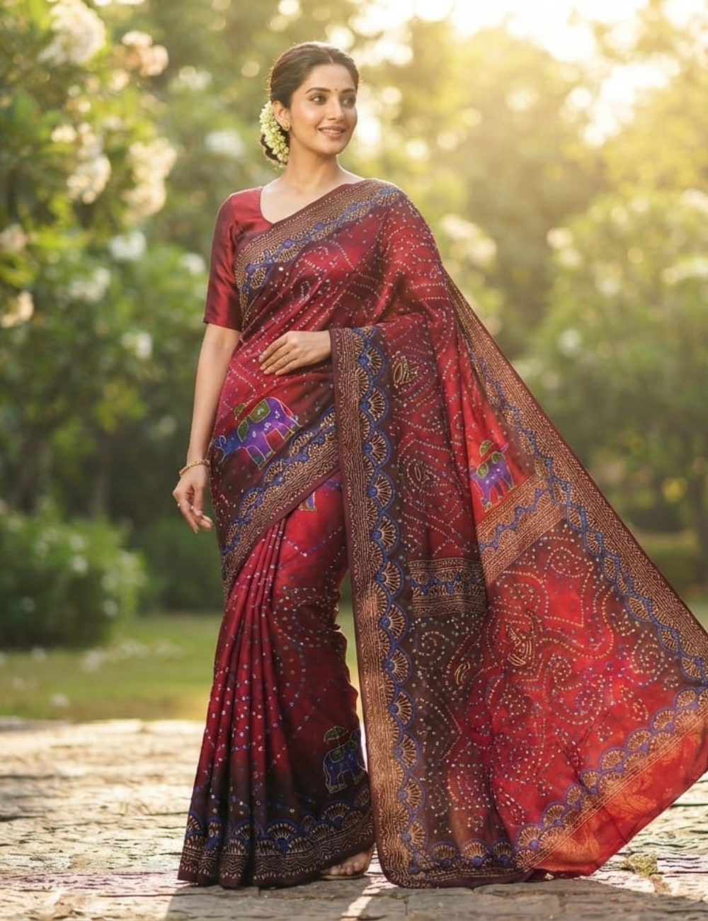 Magenta Elephant Bandhani Cotton Saree