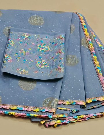 Grey Color Fancy Saree with Elegant Gold Prints & Multicolor Crochet Lace Border