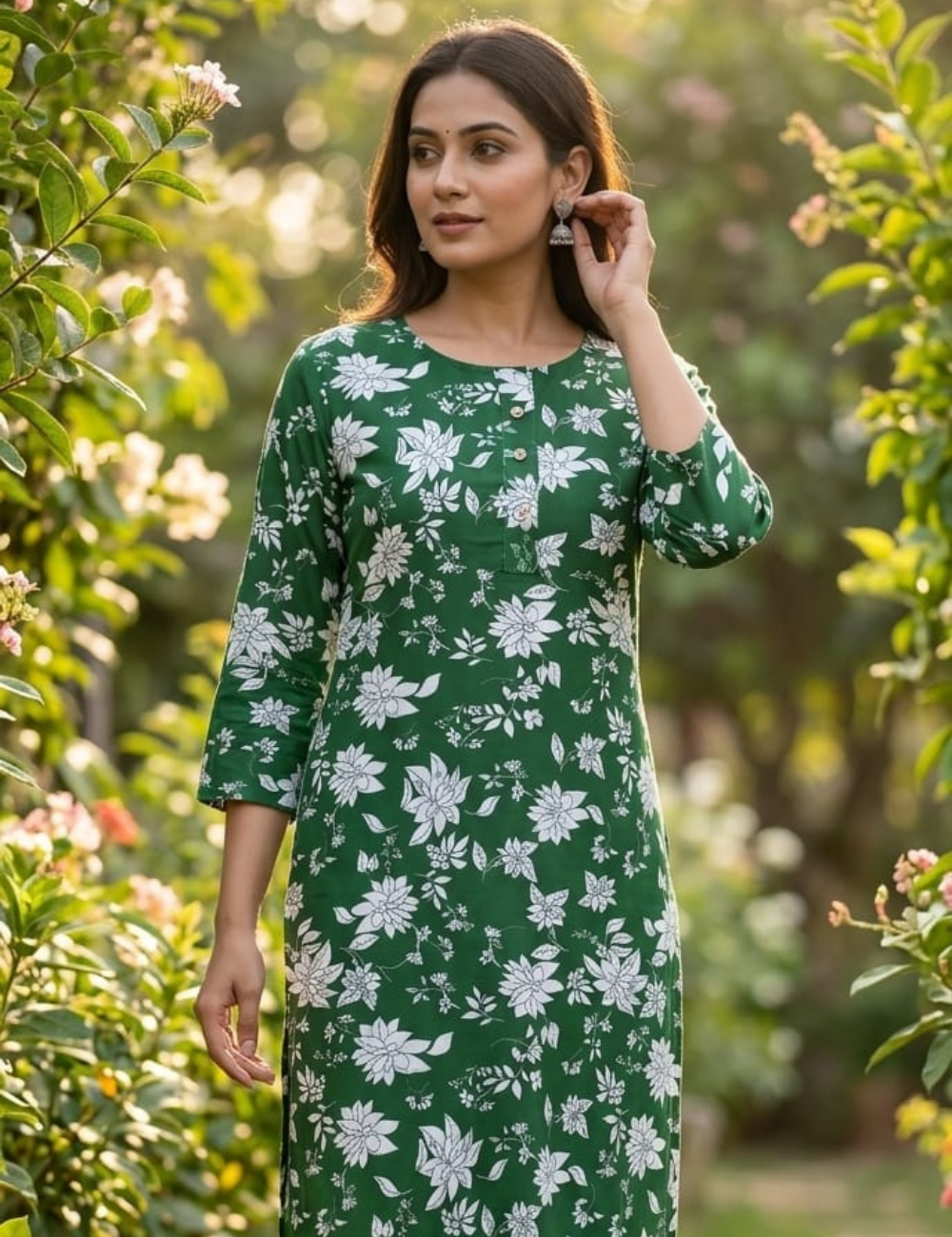 Elegant Green Floral Printed Cotton Kurta Set