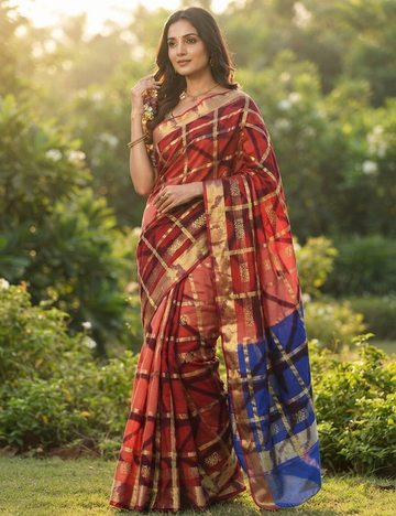 Peach and Blue Checkered Geometric Sari