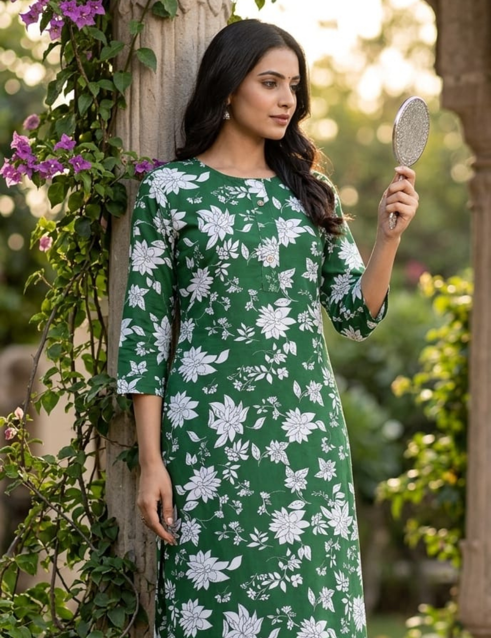 Elegant Green Floral Printed Cotton Kurta Set