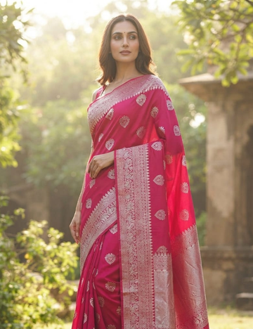 Vibrant Pink and Golden Zari Woven Sari