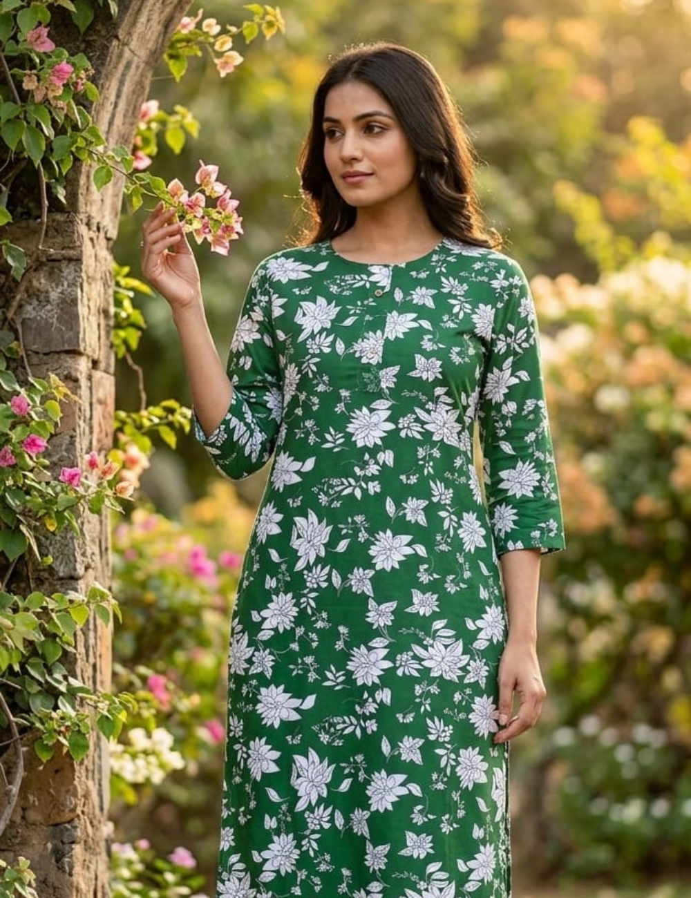 Elegant Green Floral Printed Cotton Kurta Set