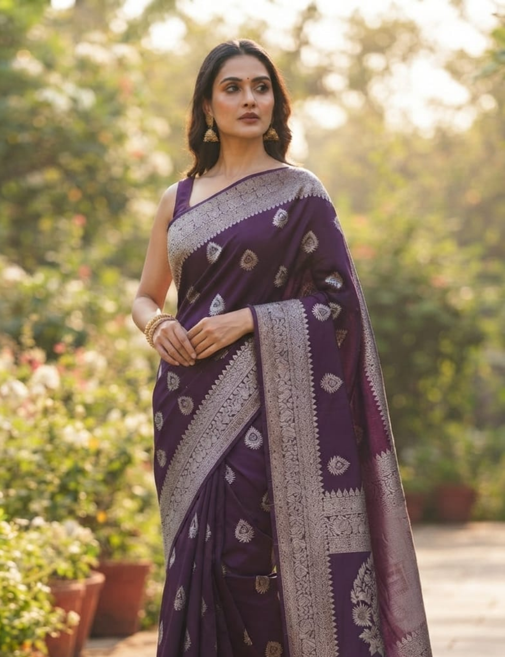 Deep Purple and Golden Zari Woven Sari
