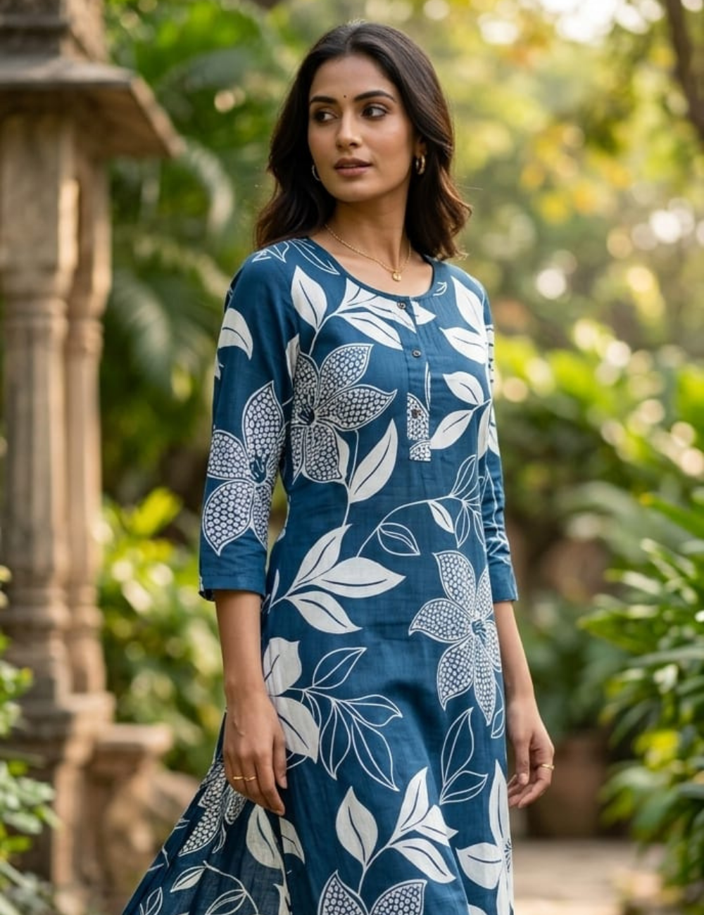 Elegant Teal Floral Printed Cotton Kurta Set