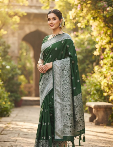 Dark Green and Golden Zari Elephant Motif Sari