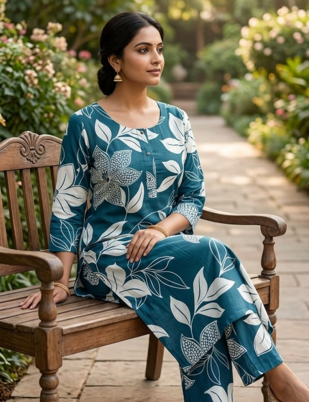 Elegant Teal Floral Printed Cotton Kurta Set
