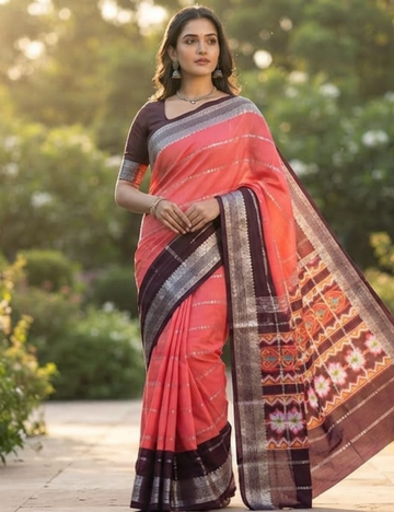 Coral Pink and Deep Purple Dual-Tone Zari Striped Mysore Soft Silk Sari