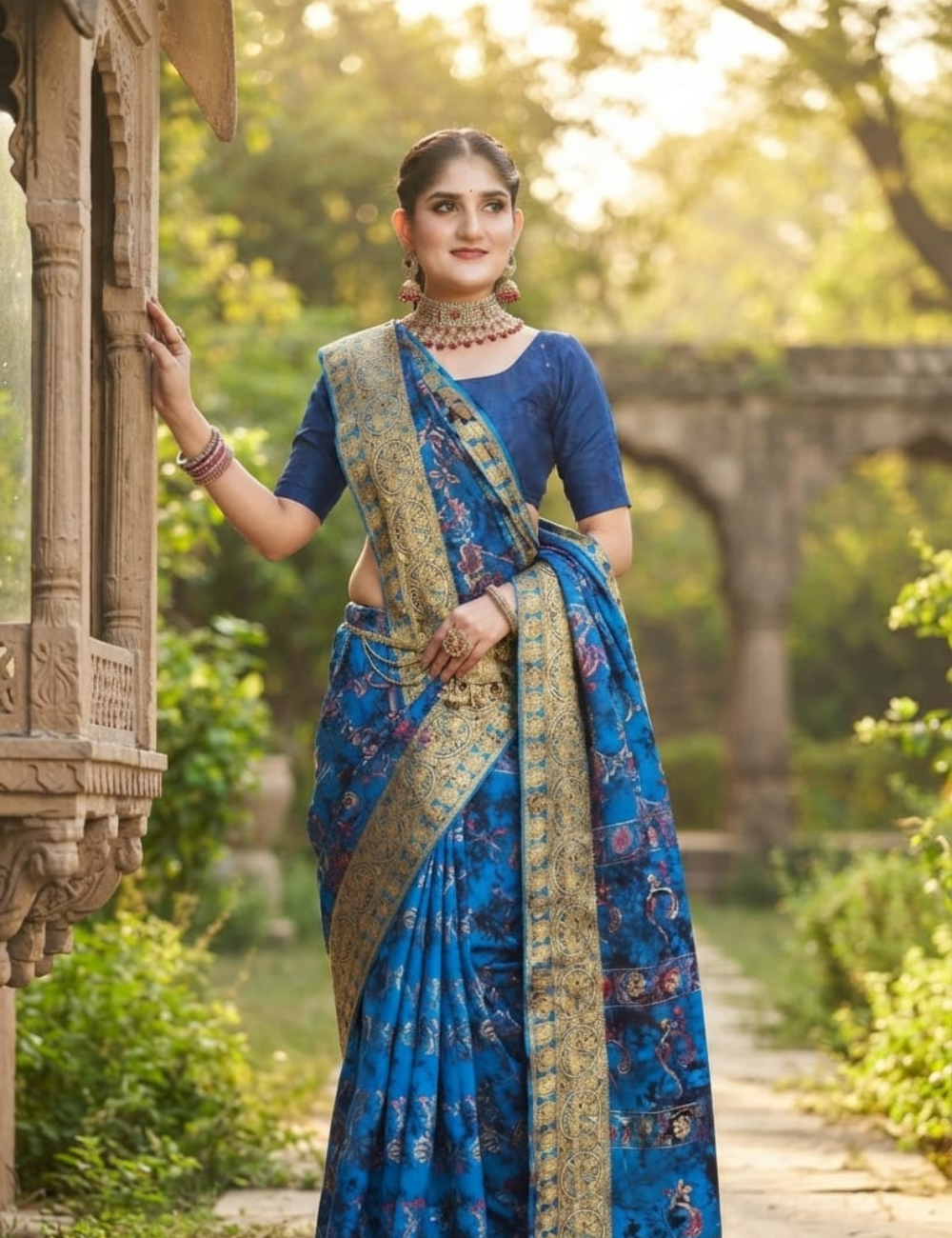Blue and Gold Foil Print Sari