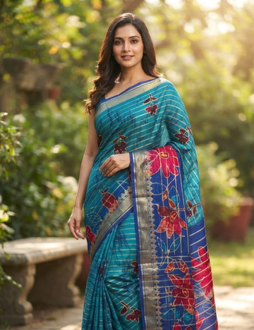 Green and Red Floral Print Soft Silk Sari