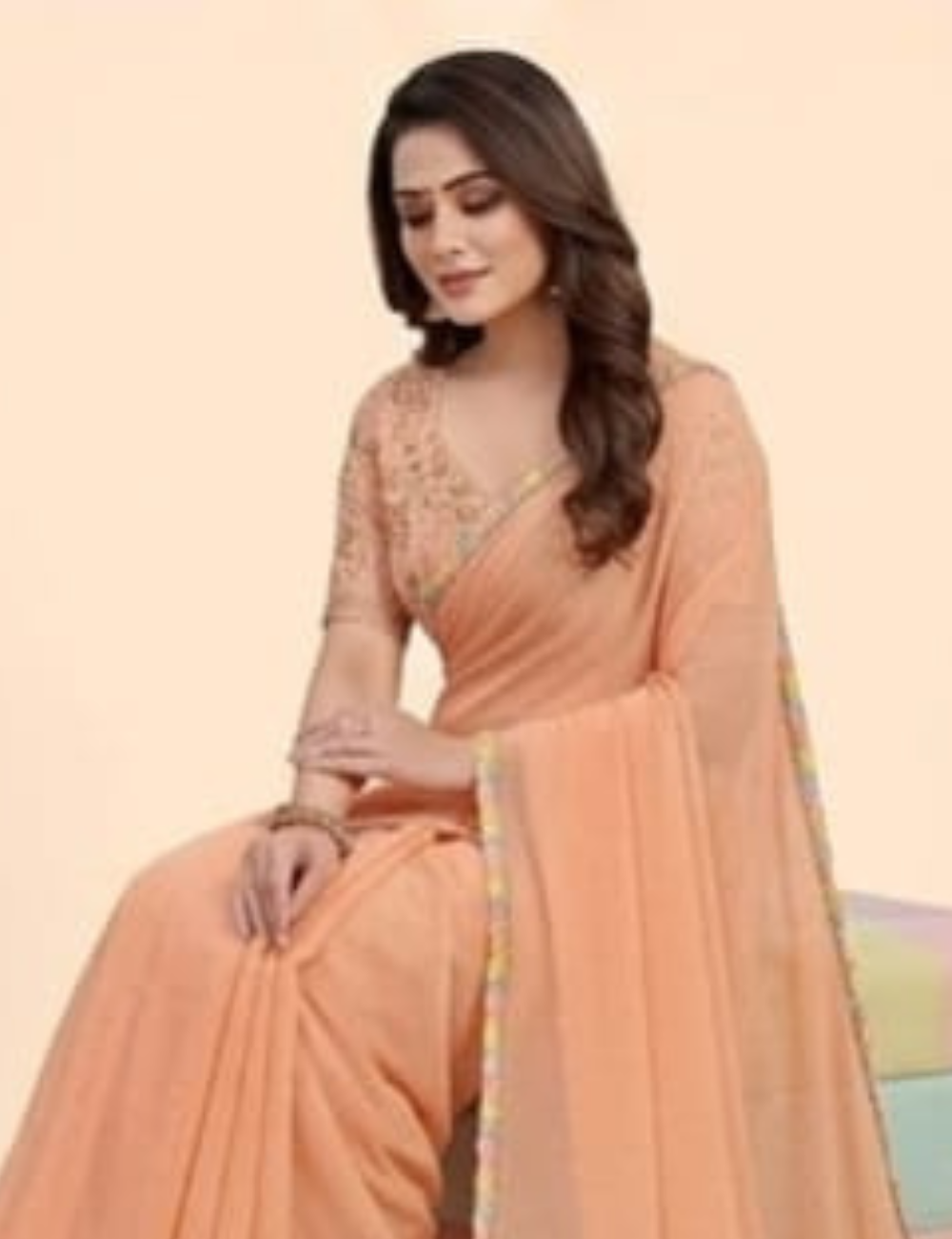 Peach Embroidered Designer Saree with Colorful Border