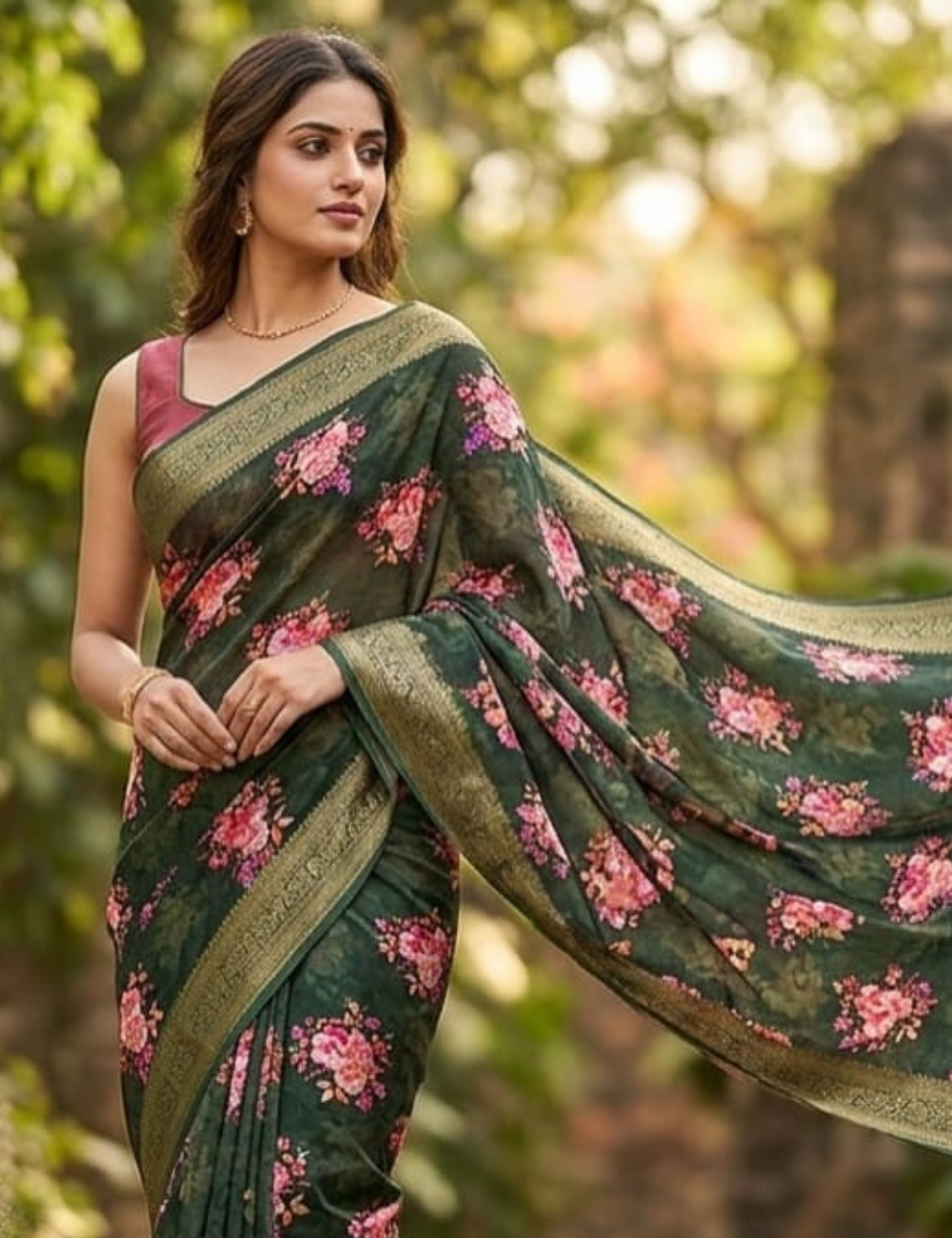 Elegant Dark Green Floral Printed Saree