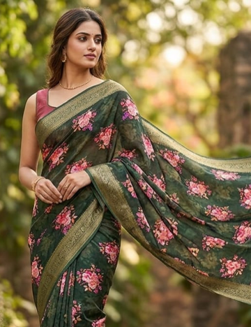 Elegant Dark Green Floral Printed Saree
