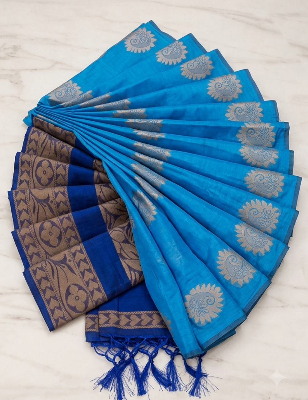 Royal Blue Cotton Saree with Elegant Motifs & Contrast Border