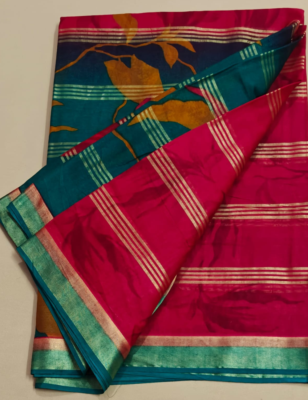 Teal and Pink Cotton Sari with Large Abstract Motifs and Metallic Stripes