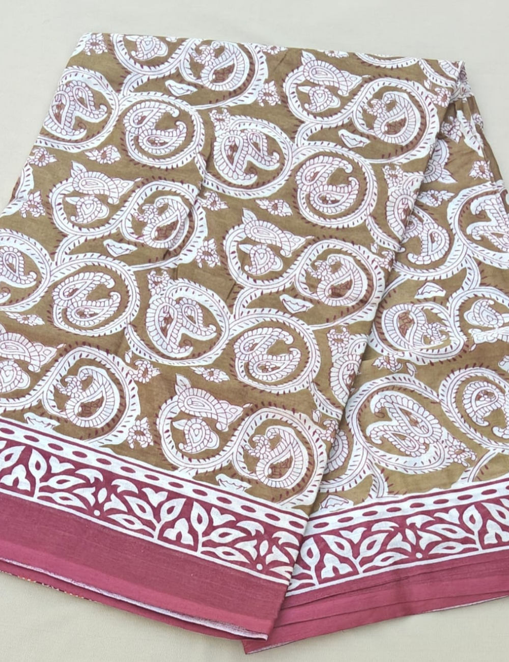 Earthy Paisley Cotton Saree with Rose Pink Border