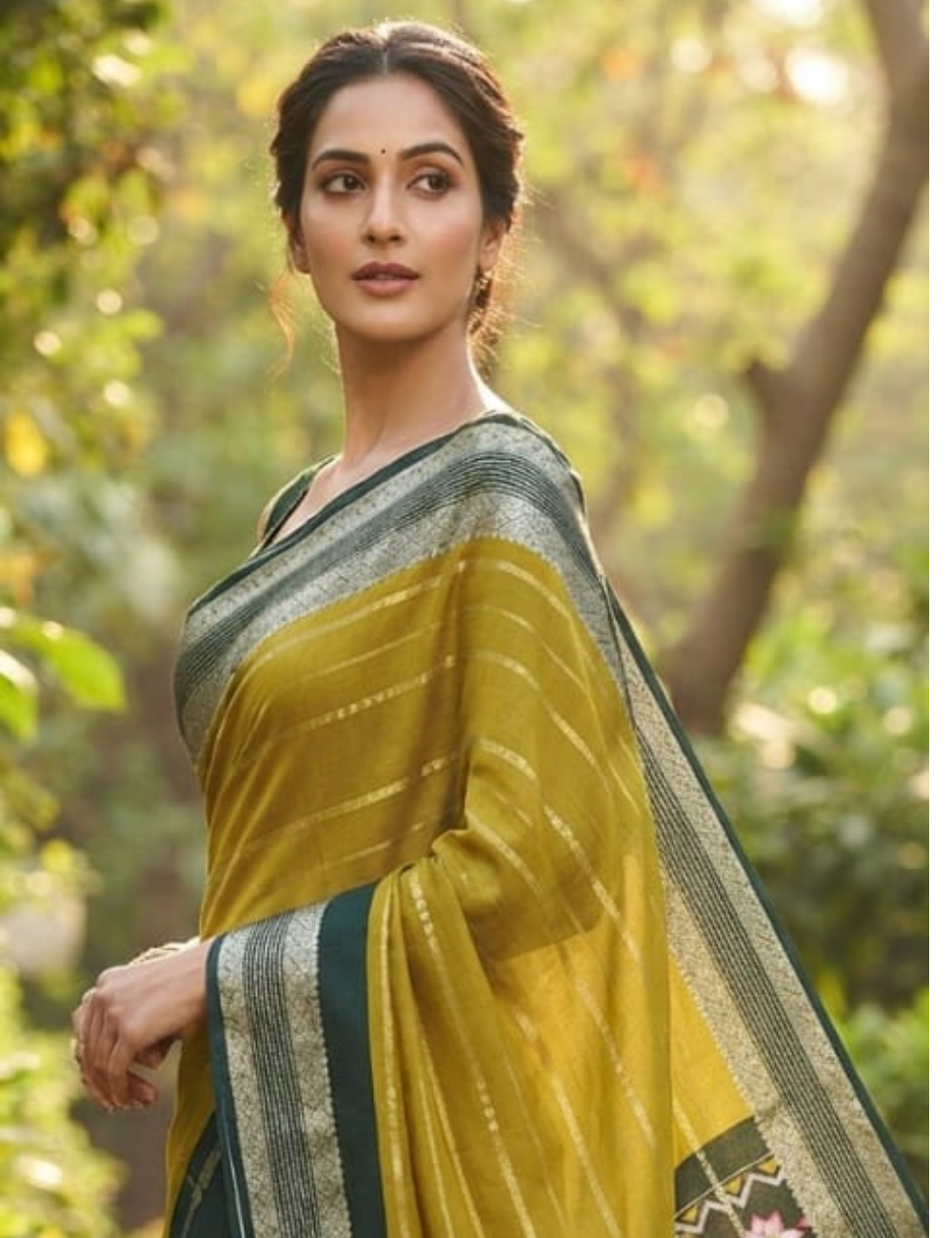 Mustard Yellow and Dark Green Dual-Tone Zari Striped Mysore Silk Sari