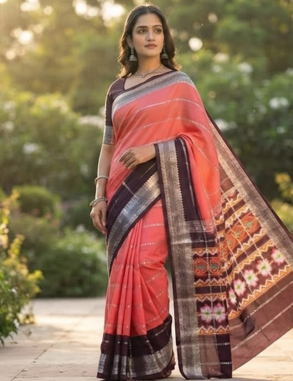 Coral Pink and Deep Purple Dual-Tone Zari Striped Mysore Soft Silk Sari