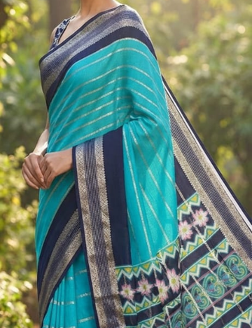 Turquoise Blue and Dark Blue Dual-Tone Zari Striped Mysore Soft Silk Sari