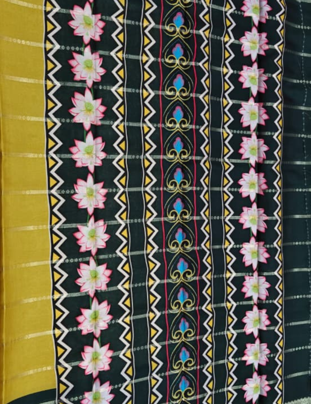Mustard Yellow and Dark Green Dual-Tone Zari Striped Mysore Silk Sari