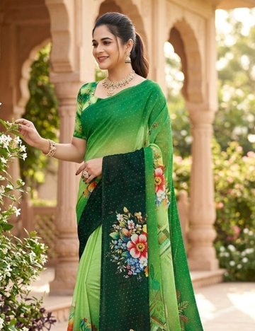 Green Floral Printed Saree with Embellished border