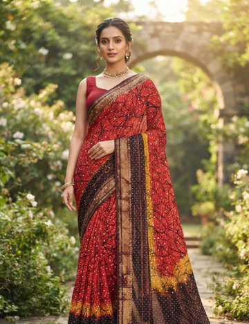 Red, Yellow, and Brown Multi-Tone Crackle Print Cotton Sari