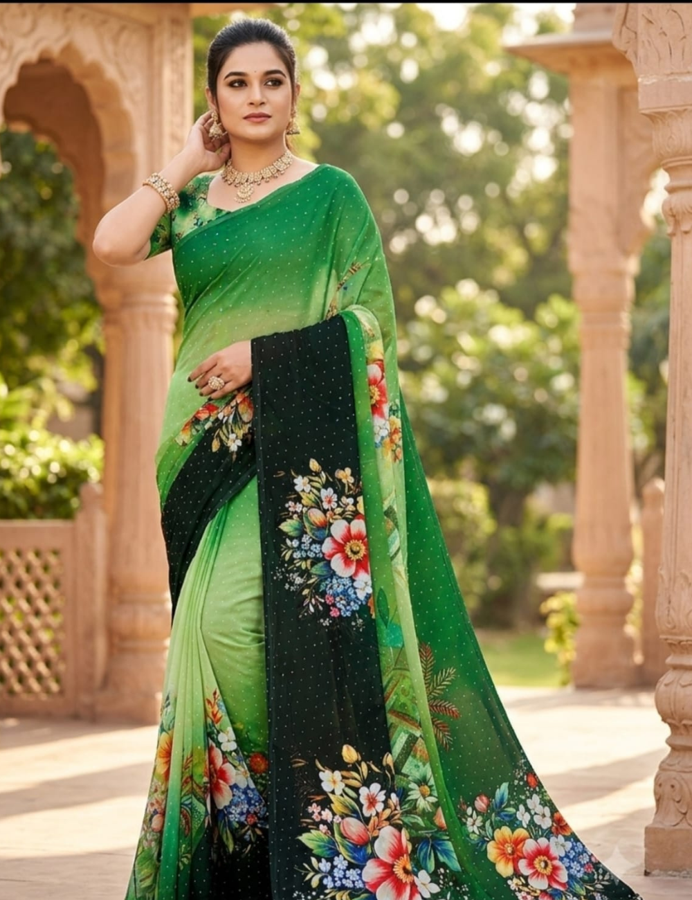 Green Floral Printed Saree with Embellished border
