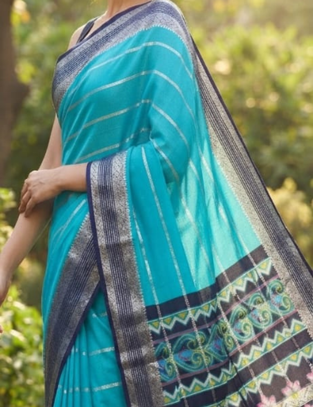 Turquoise Blue and Dark Blue Dual-Tone Zari Striped Mysore Soft Silk Sari
