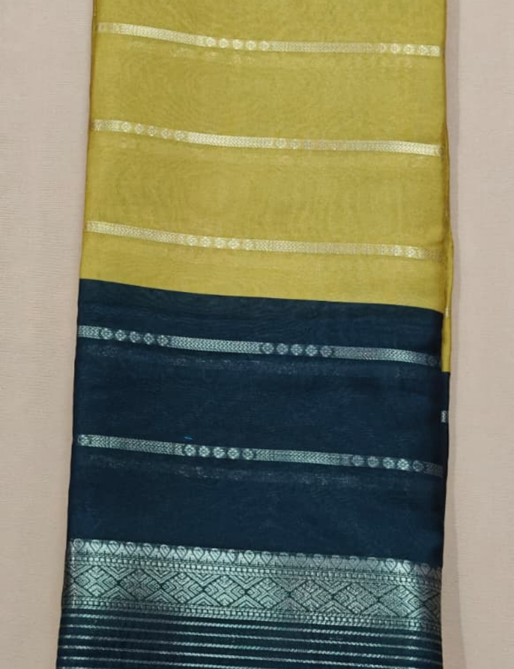 Mustard Yellow and Dark Green Dual-Tone Zari Striped Mysore Silk Sari