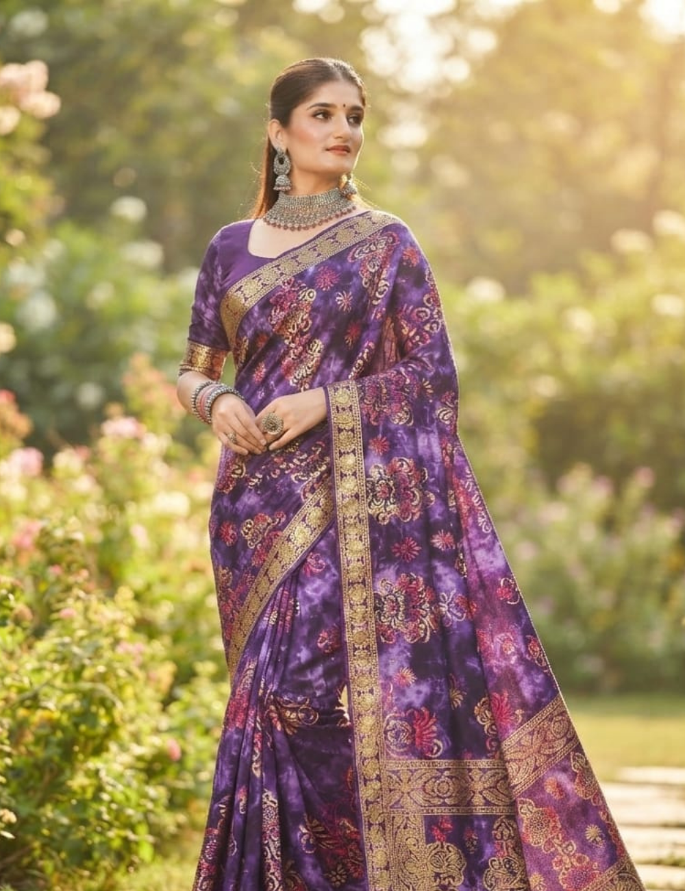 Purple and Gold Foil Print Sari