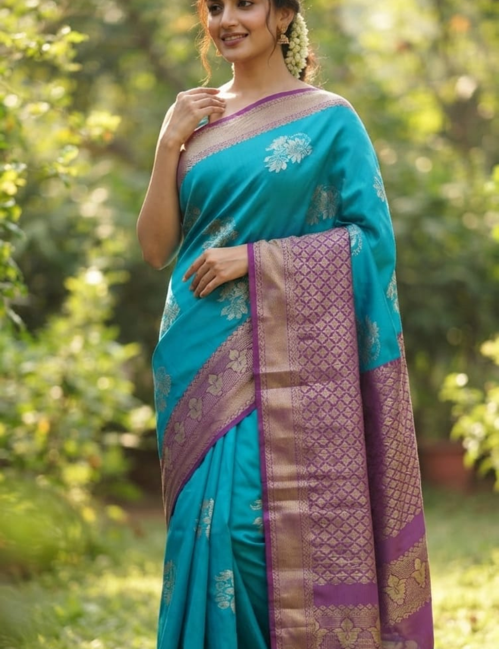 Turquoise Blue Sari with Purple Contrast Floral Pallu