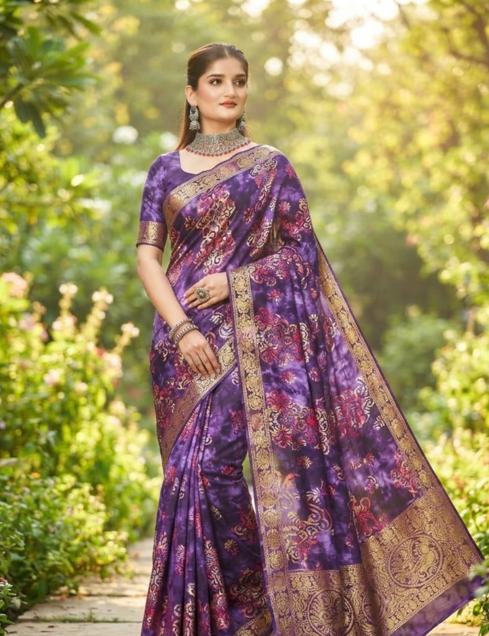 Purple and Gold Foil Print Sari