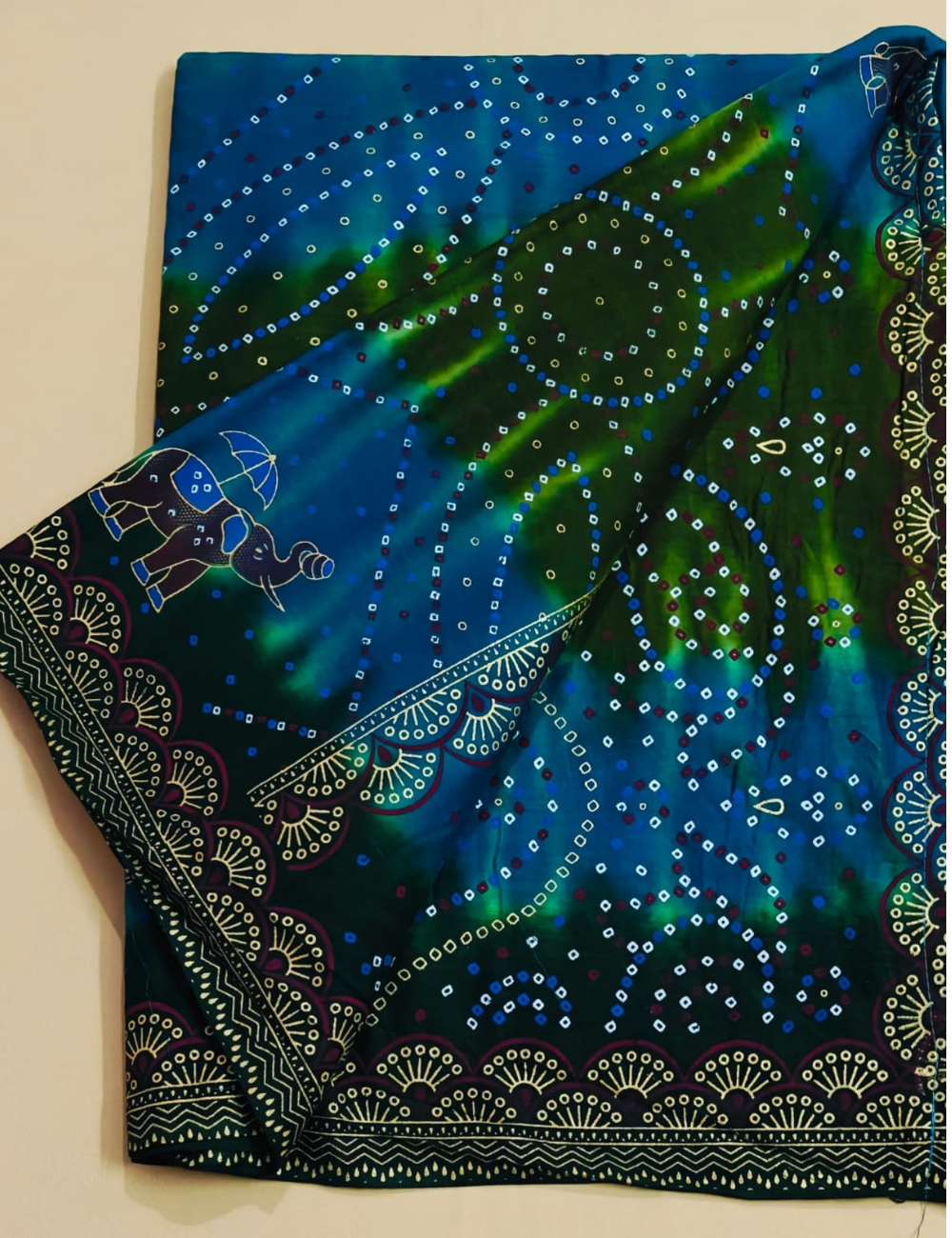 Blue and Green Elephant Bandhani Cotton Saree