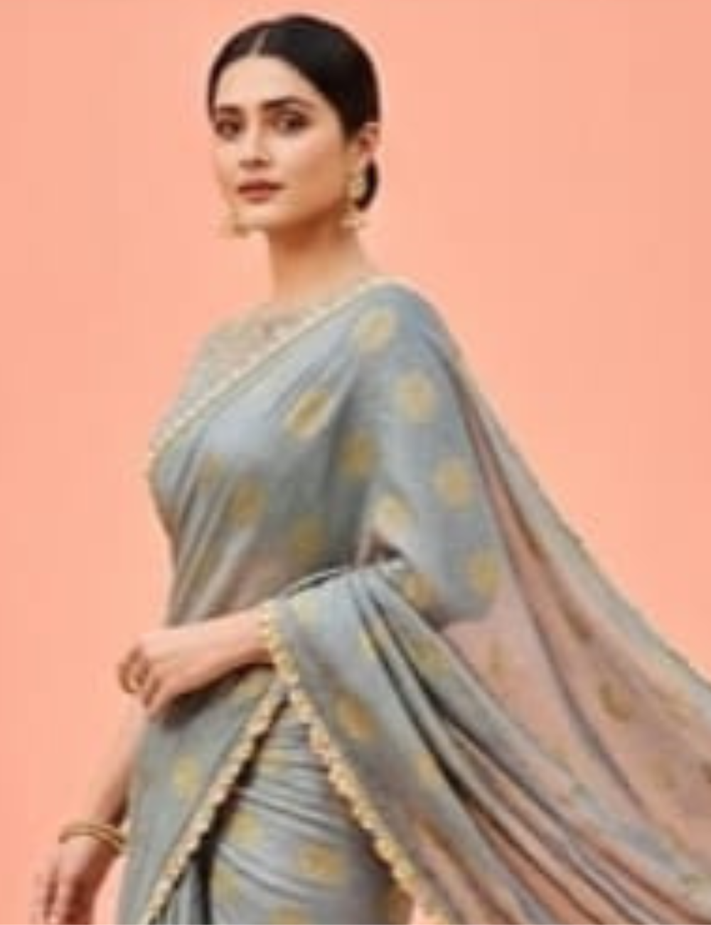 Grey Color Fancy Saree with Elegant Gold Prints & Multicolor Crochet Lace Border