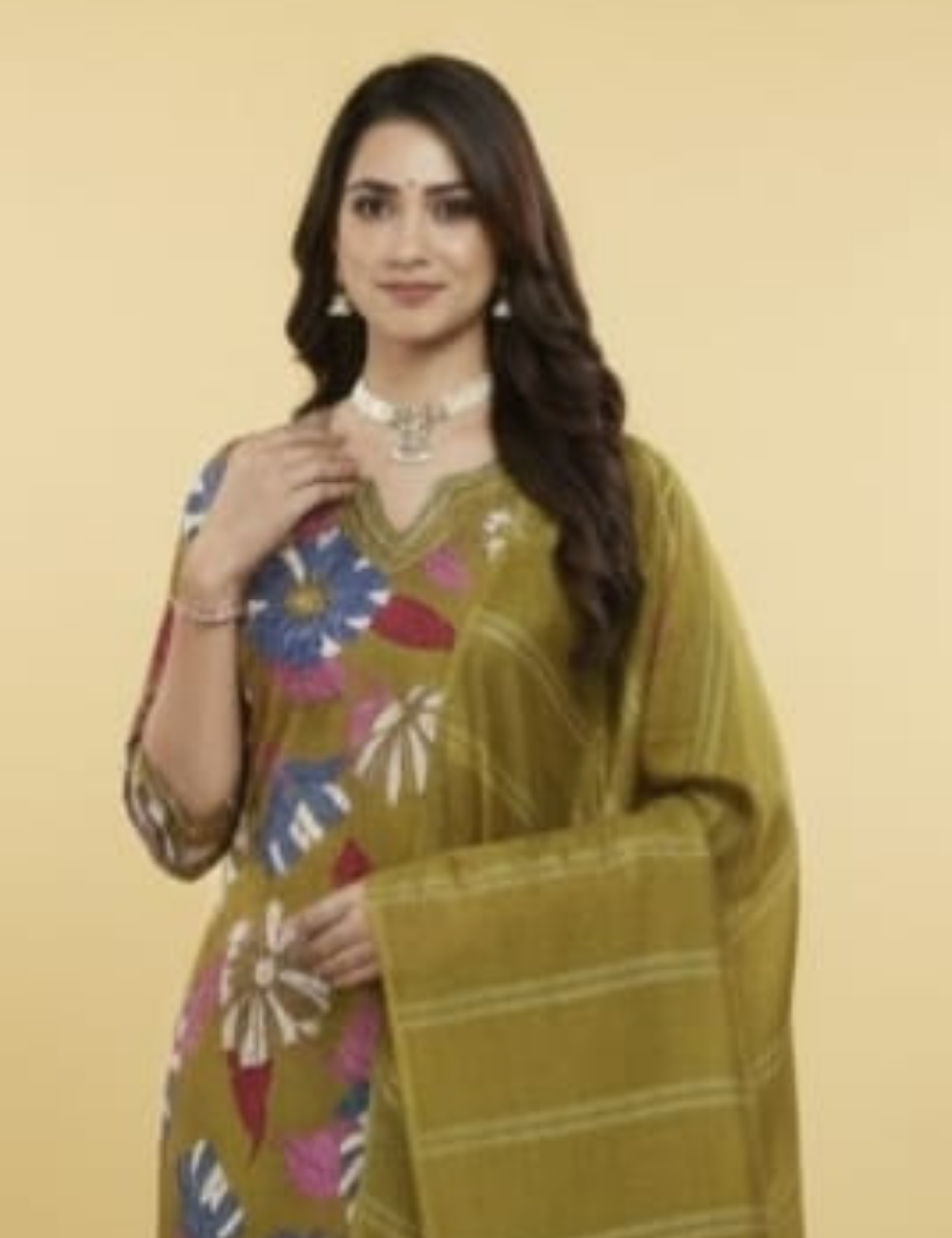 Olive Green Floral Printed Kurta Set with Elegant Dupatta