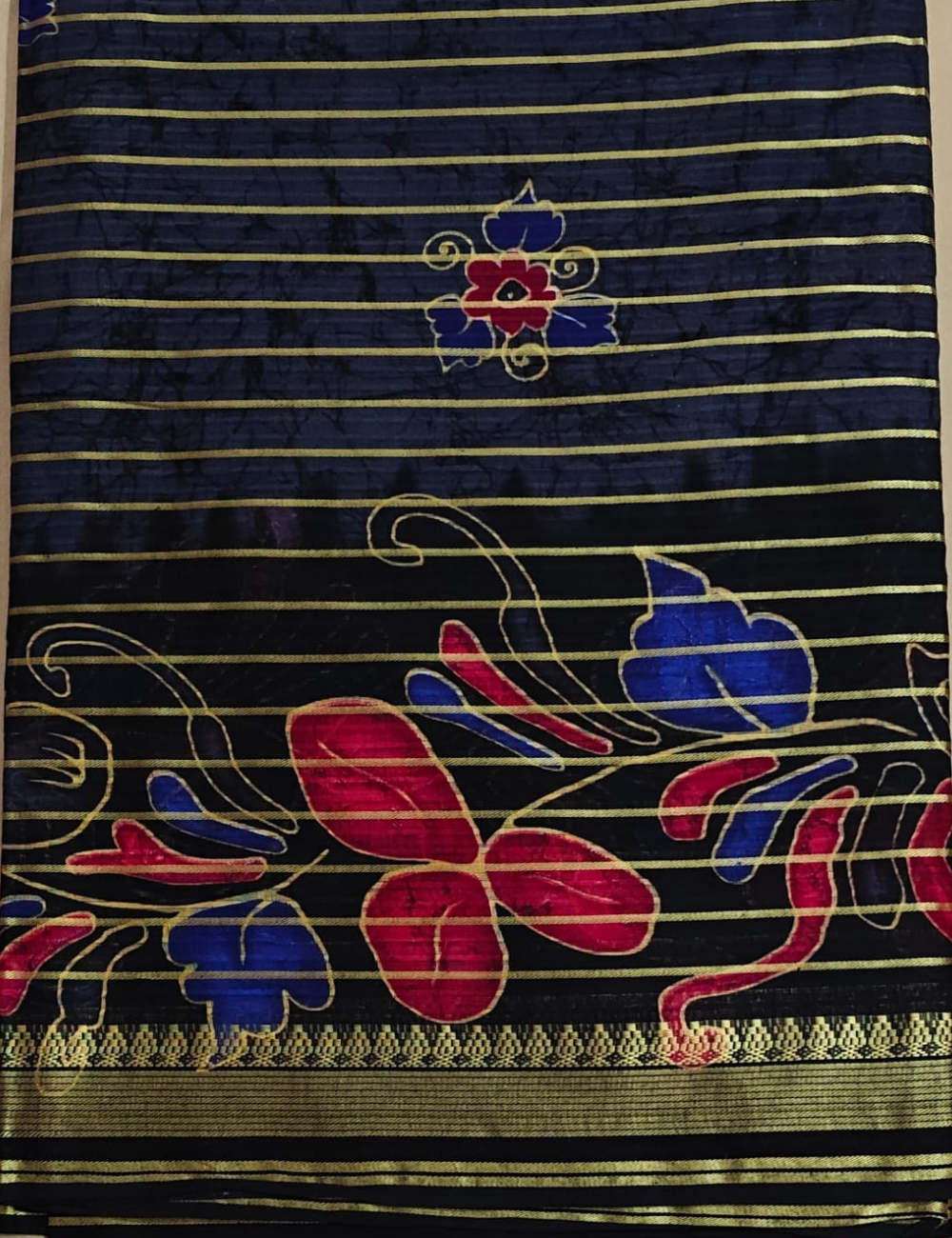 Navy Blue Soft Cotton Sari with Floral Motifs and Golden Stripes