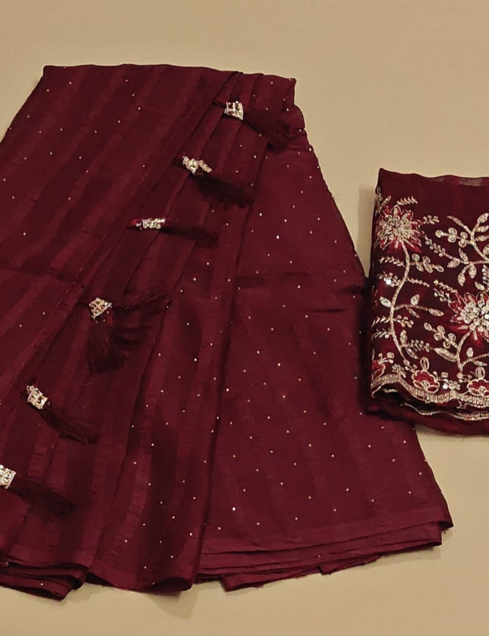 Rich Maroon Designer Saree with Stone Work and Embroidered Blouse