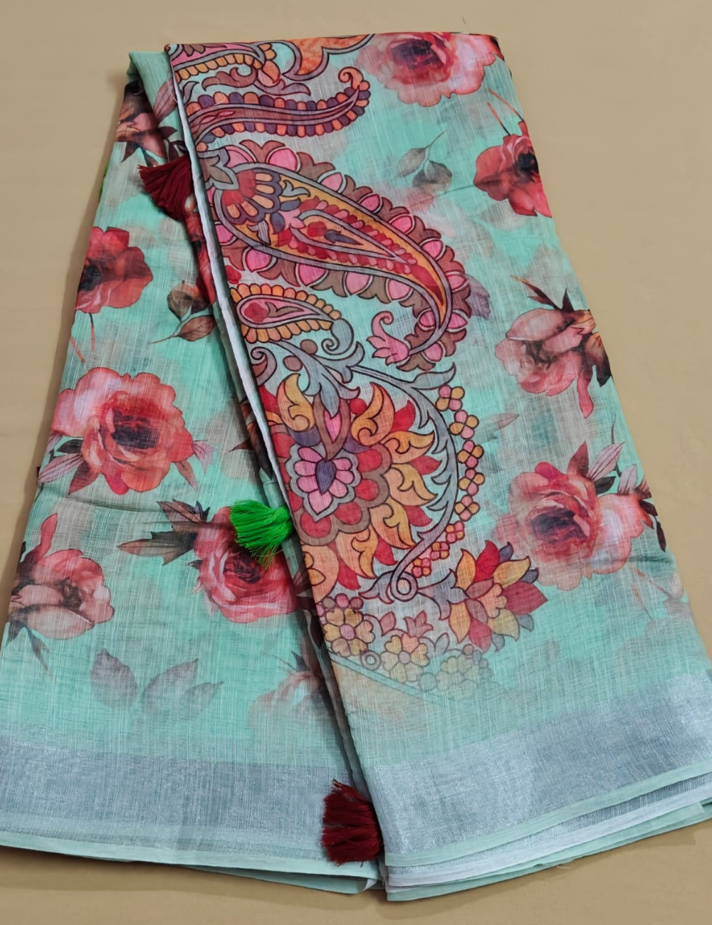 Elegant Floral Paisley Printed Saree with Tassel Design