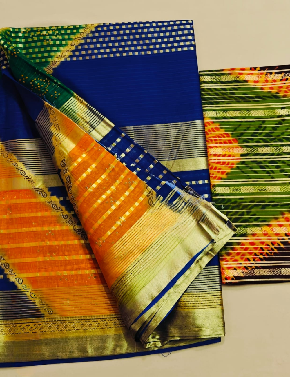 Vibrant Royal Blue and Orange Silk Saree