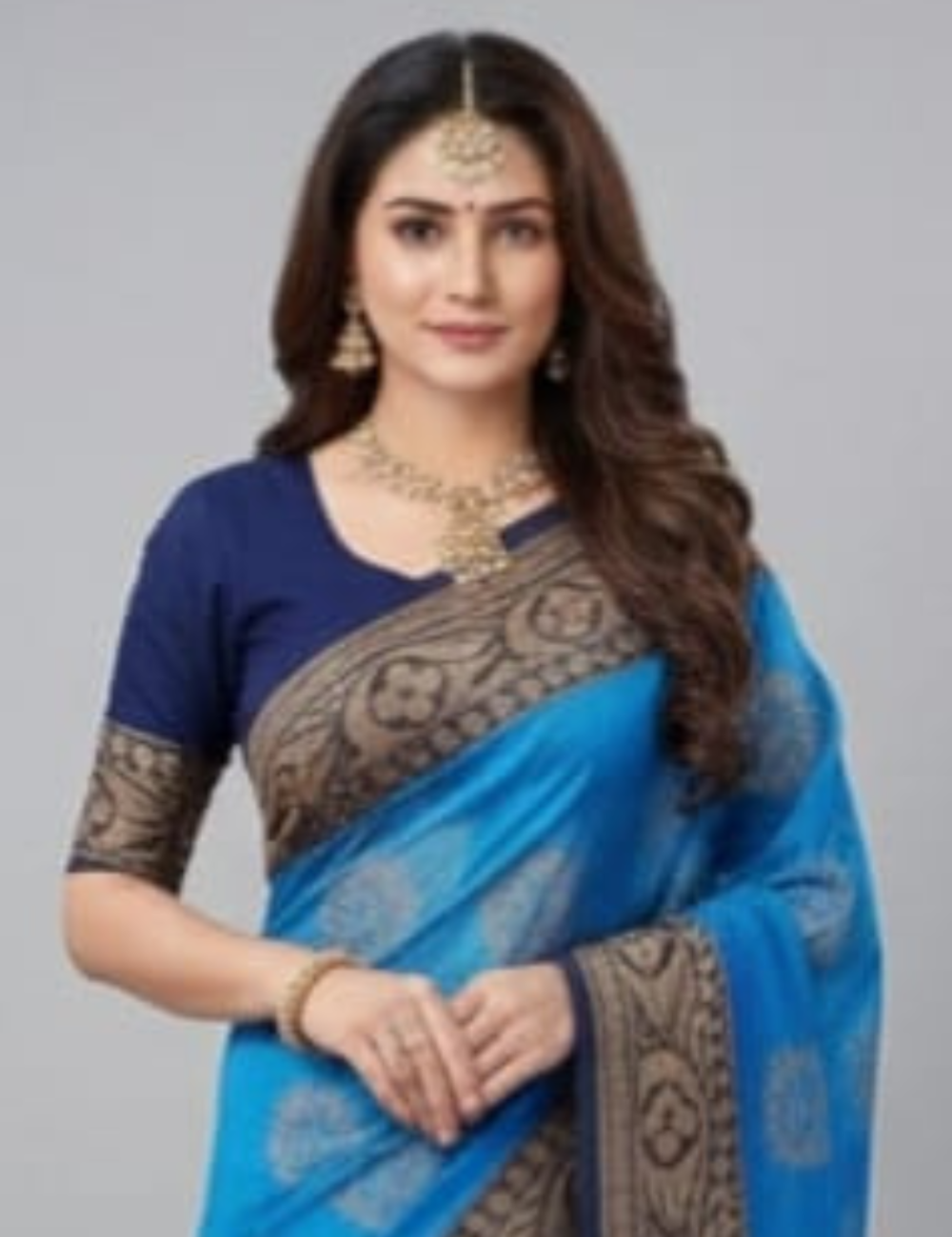 Royal Blue Cotton Silk Saree with Elegant Motifs & Contrast Border