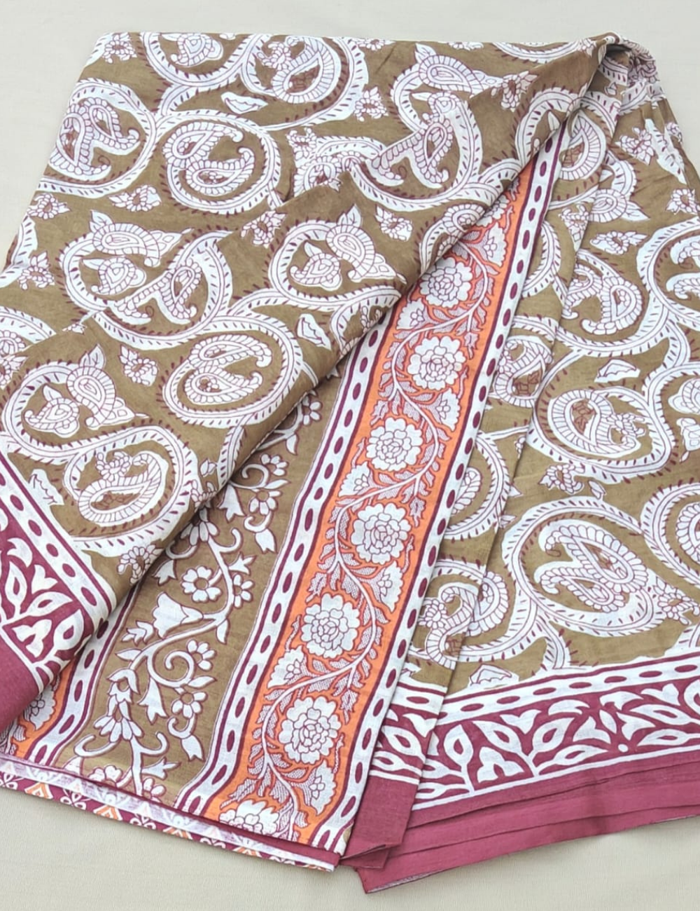 Earthy Paisley Cotton Saree with Rose Pink Border