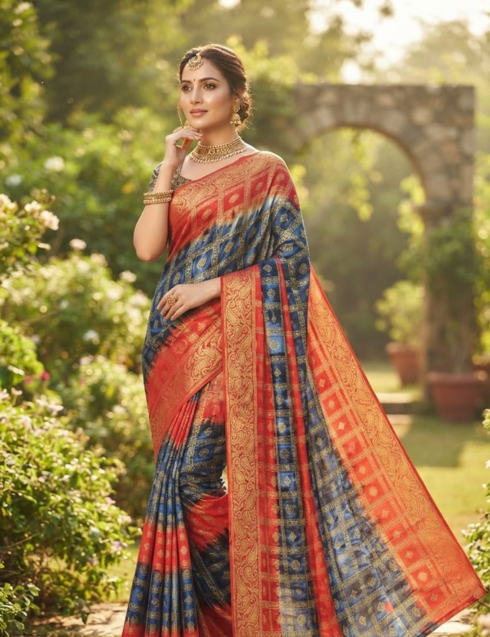 Blue and Red Multi-Tone Grid Zari Saree