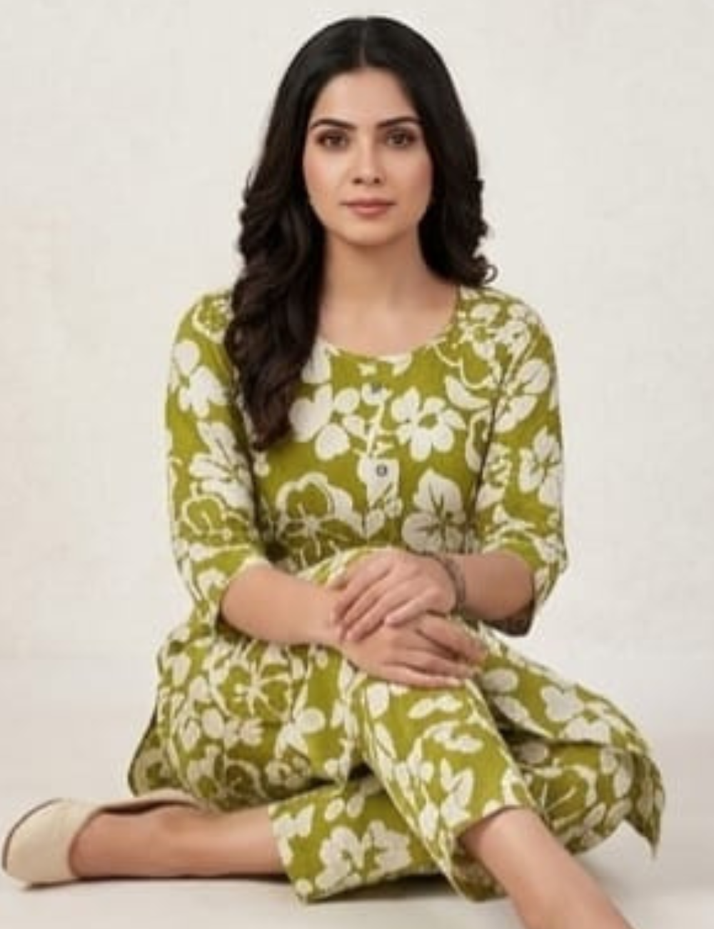 Elegant Olive Green Floral Kurta Set