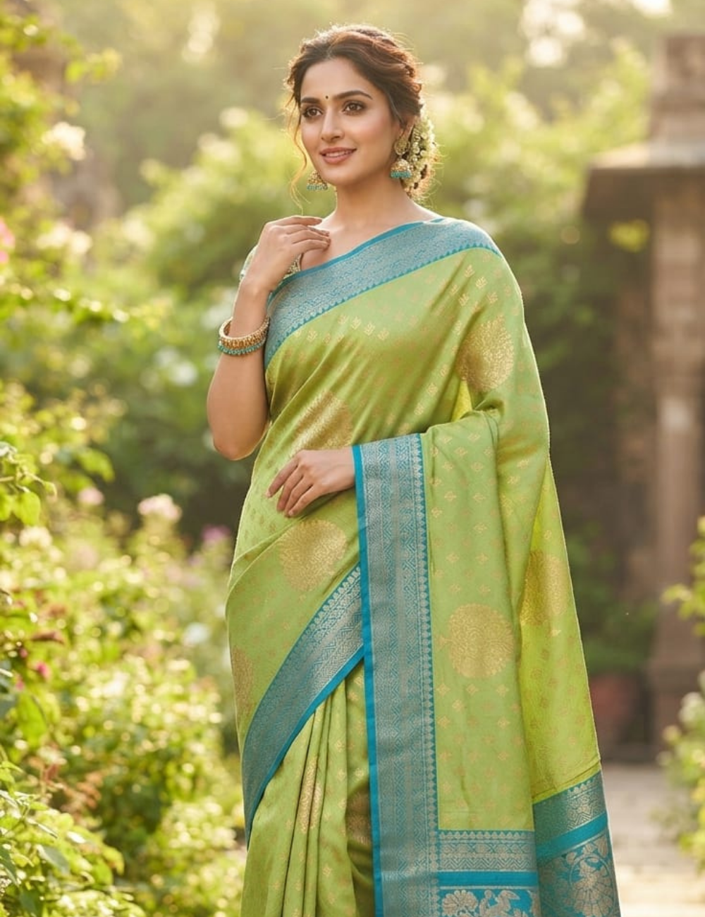 Light Green and Blue Woven Zari Sari