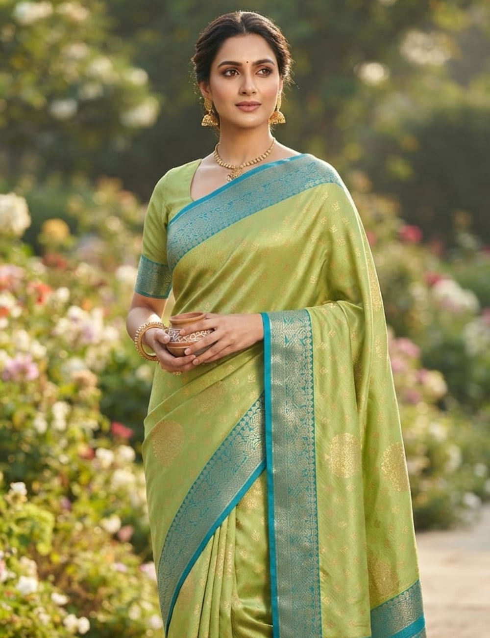 Light Green and Blue Woven Zari Sari